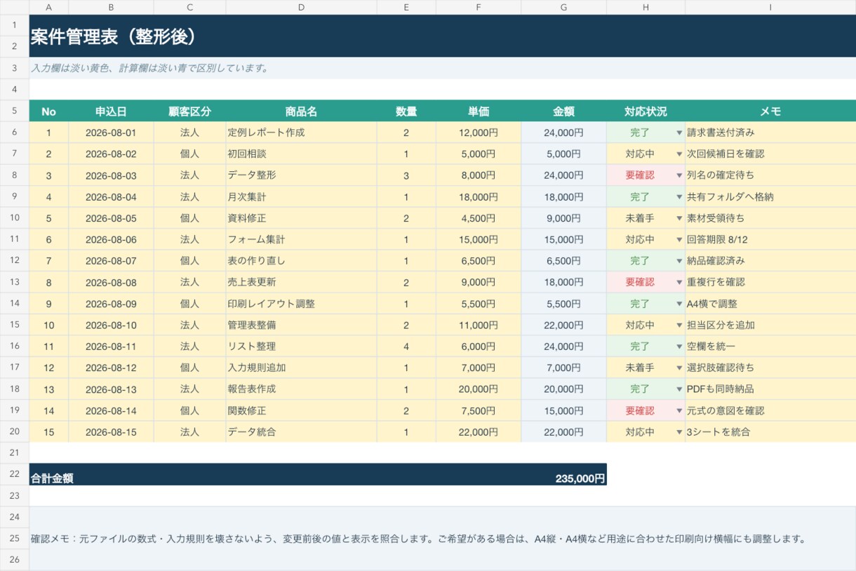 Excelの表を見やすく整え印刷崩れを直します 1ファイル3シートまで、見た目と印刷を整えます イメージ2