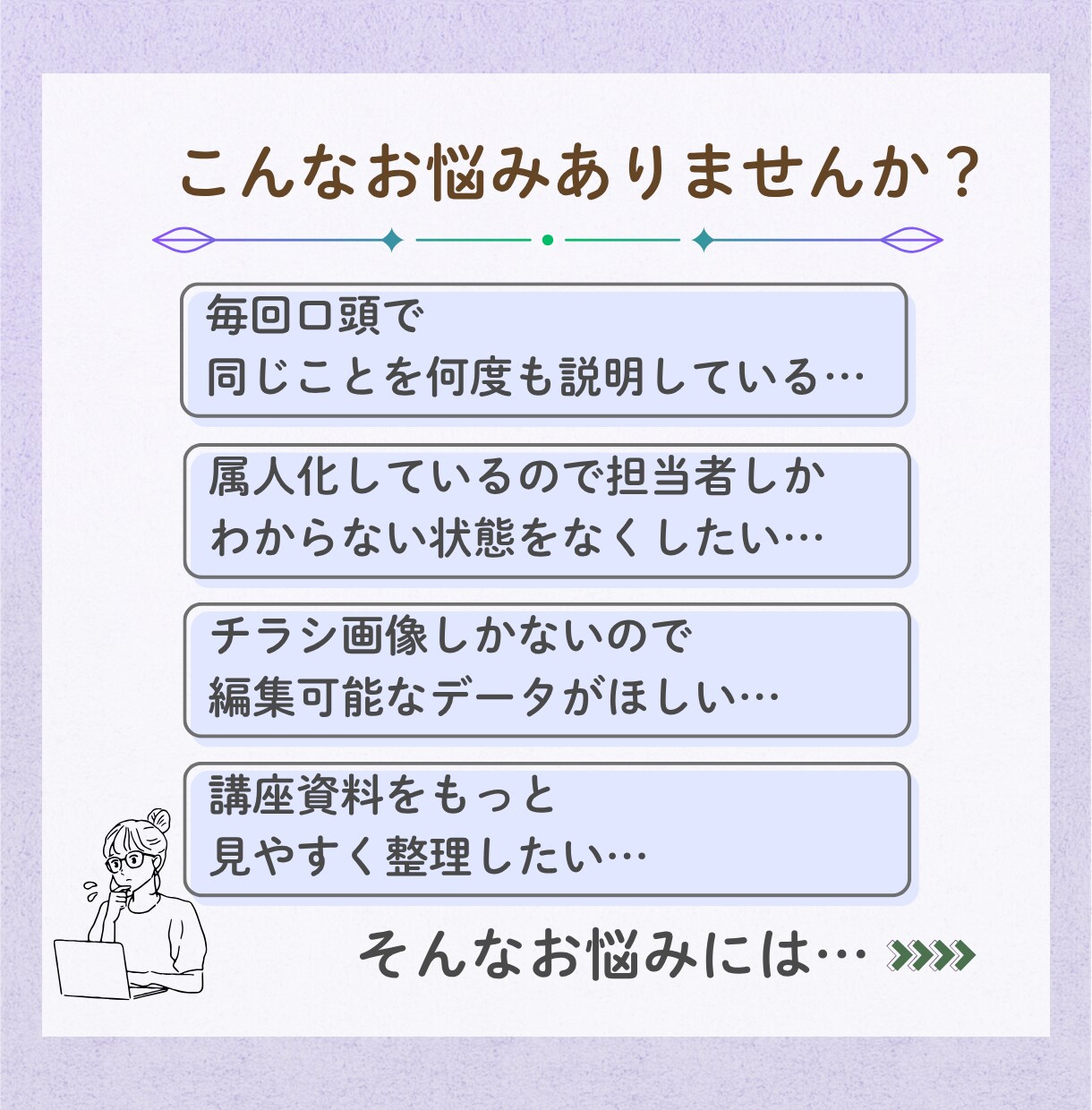 口頭説明・メモから第三者に伝わる資料を作成します 属人化を減らし、誰でも伝わる資料へ整理します イメージ2