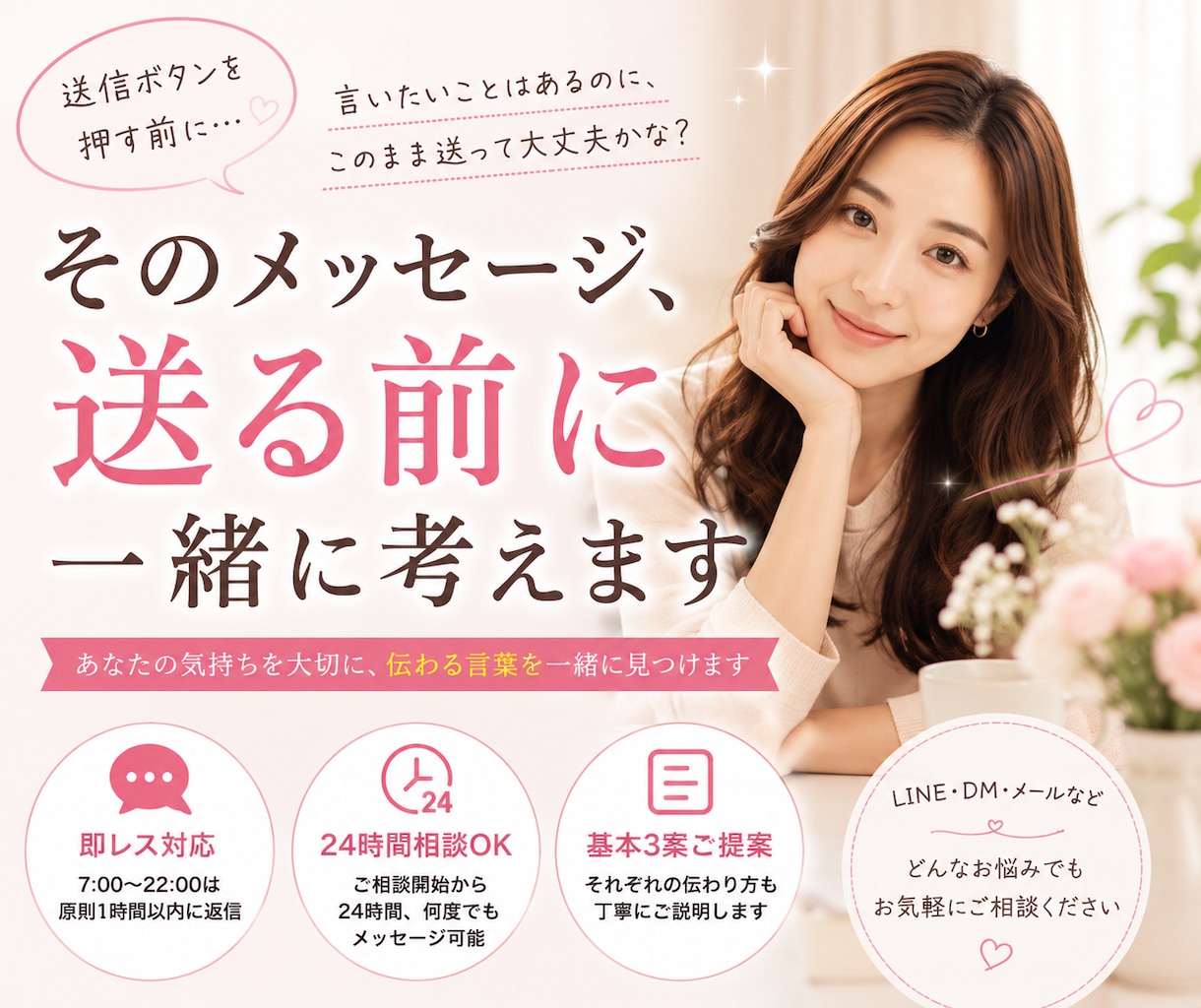 そのメッセージ、送る前に一緒に考えます 即レス◎スクショOK｜24時間何度でも相談・返信3案をご提案 イメージ1