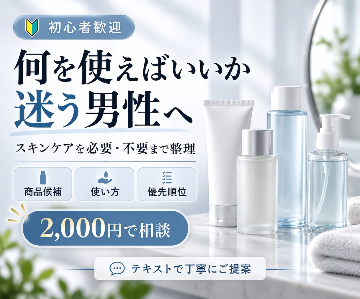 男性のスキンケア選びをゼロから一緒に整理します 今ある物・必要な物・買い足す物を分かりやすく整理 イメージ1