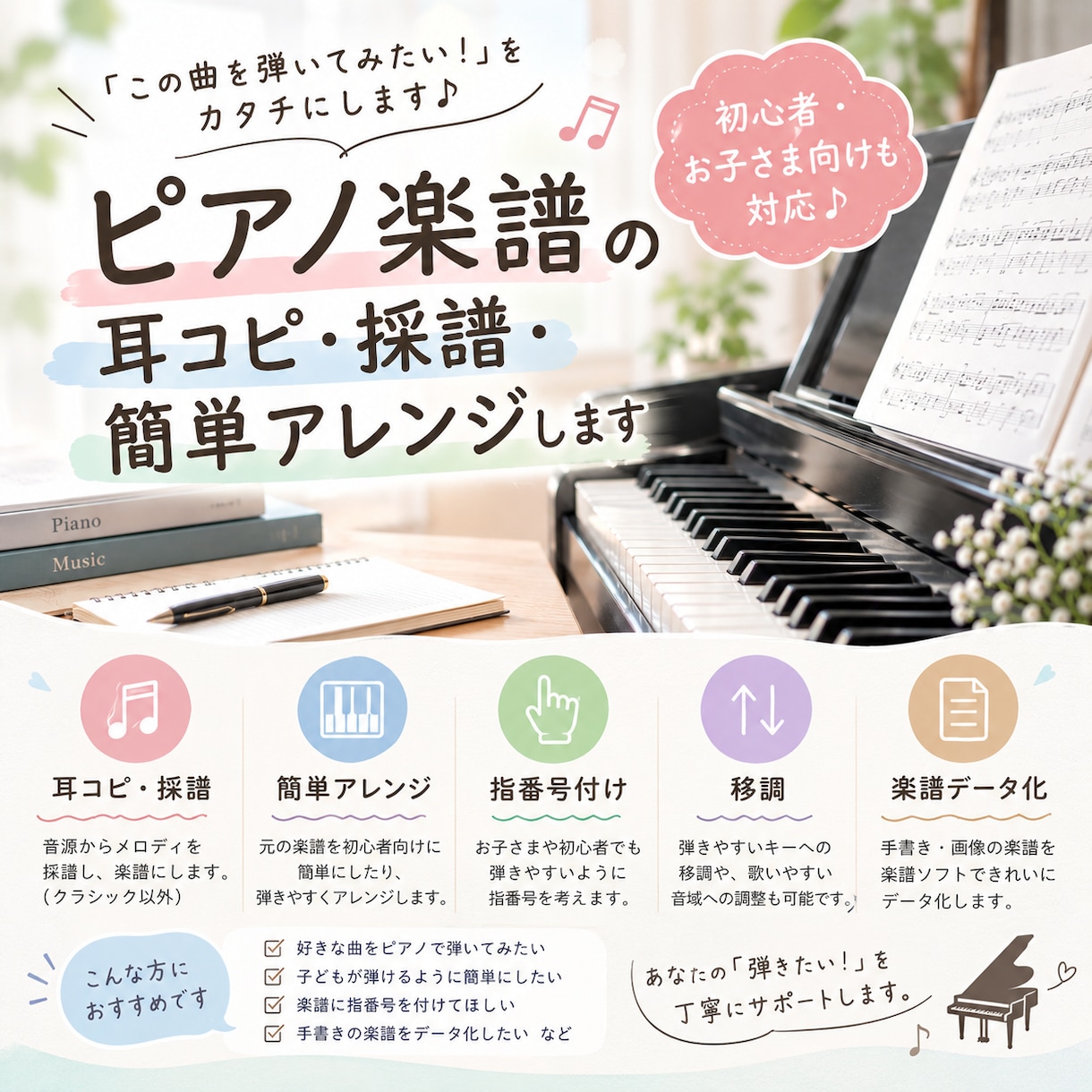 耳コピ・採譜＆ピアノ楽譜を弾きやすくアレンジします 「この曲を弾いてみたい！」をお手伝いします。 イメージ1