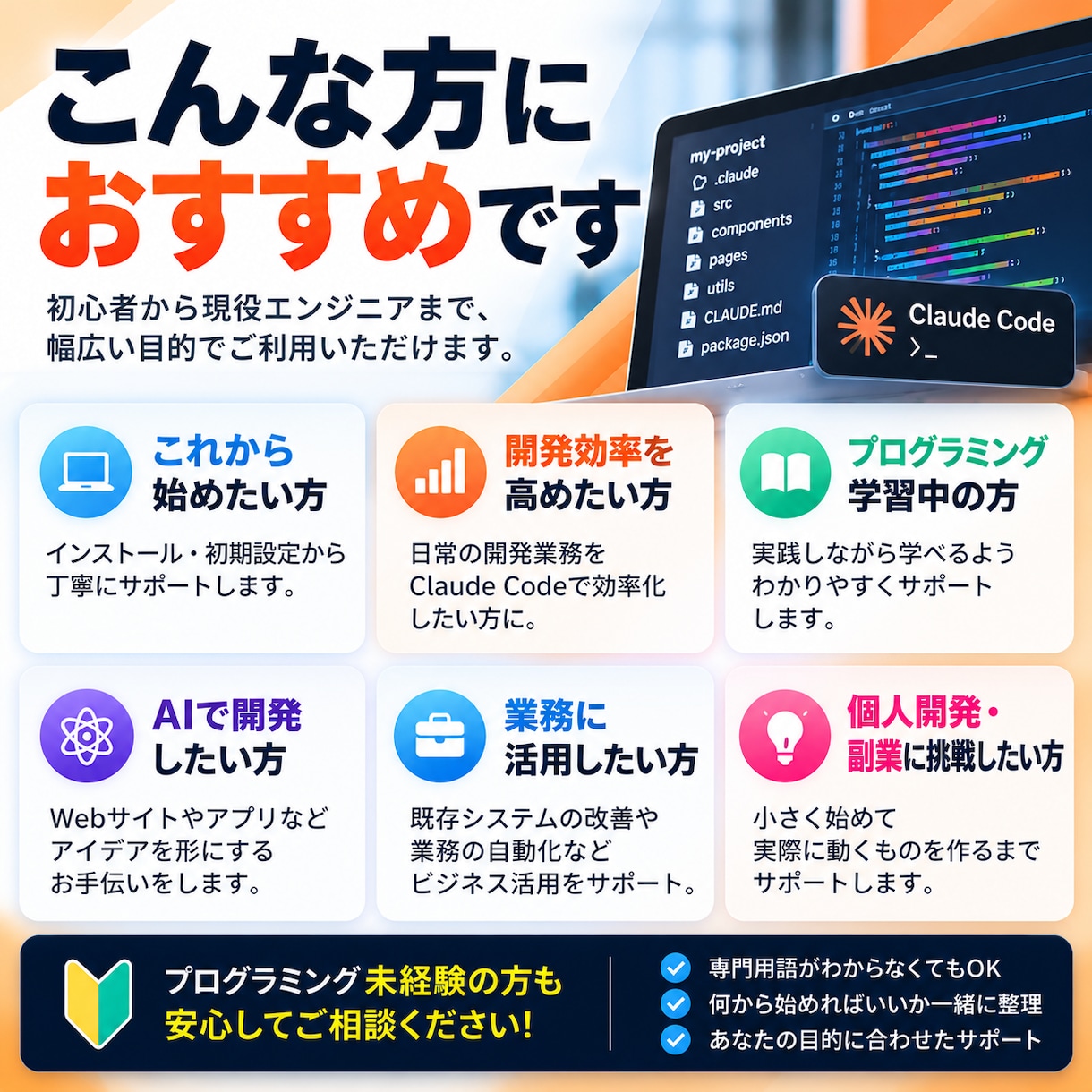 Claude Codeの導入・活用をサポートします 「AIでコードが書ける」を、あなたの環境で動くところまで。 イメージ4