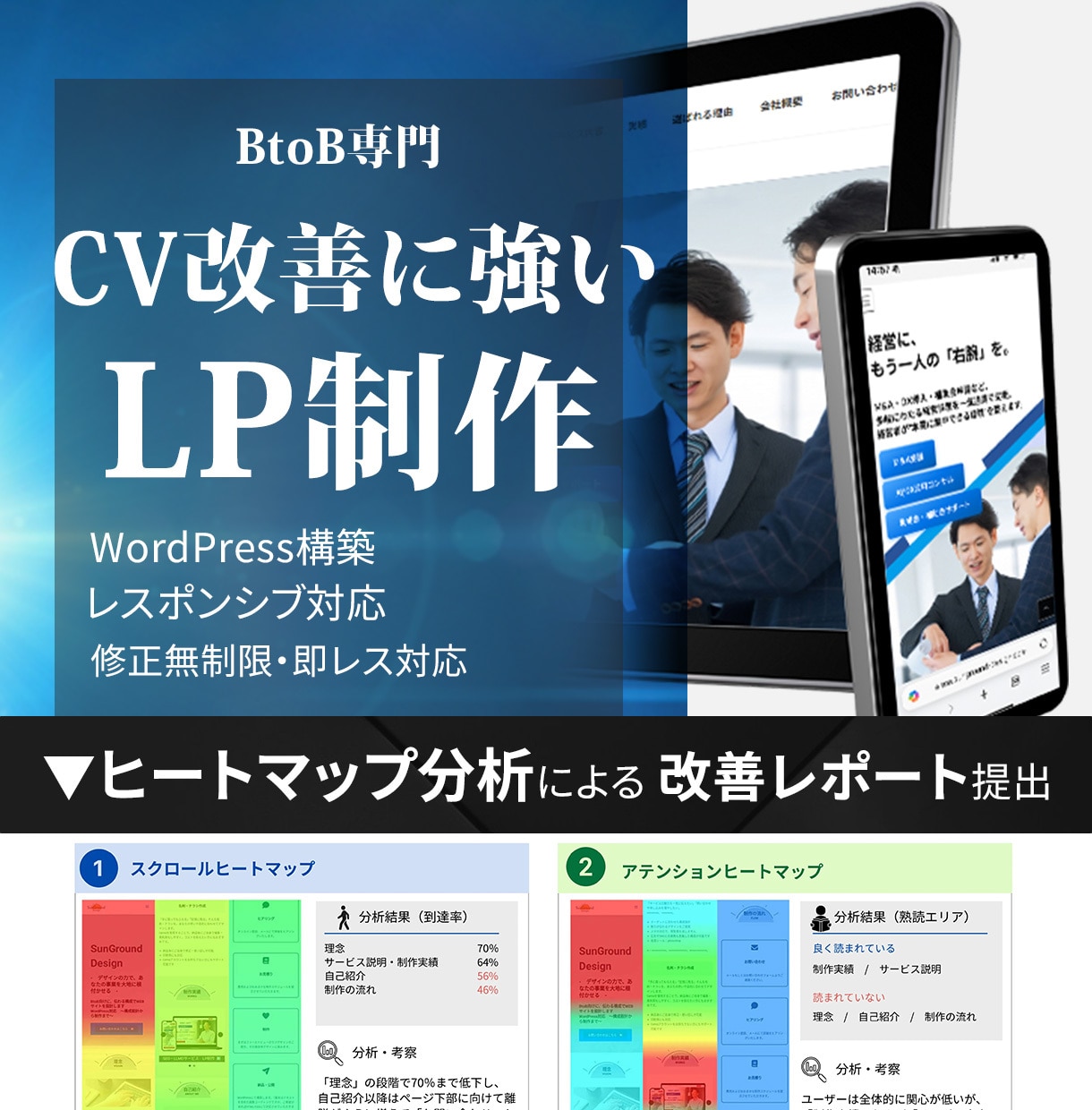 LP制作｜ヒートマップ分析で改善レポート提出します 法人リピート実績あり｜新規LP制作・既存LP改善対応 イメージ1
