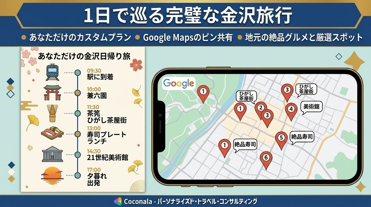 金沢1日攻略！爆速タイパ×美食旅プランを作成します 移動の無駄ゼロ! Google Mapピン&行程表付き イメージ2