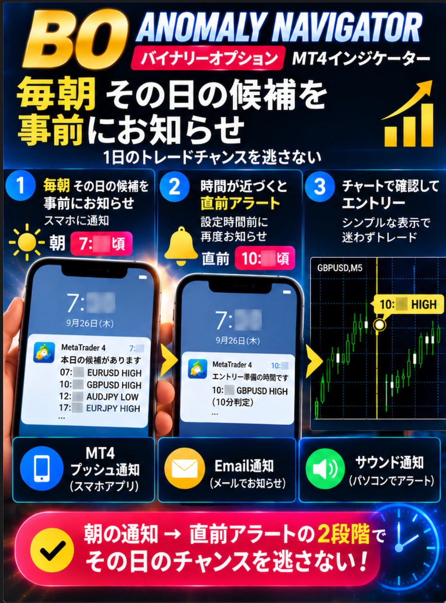 バイナリーの候補時間を事前にお知らせします 朝にその日の候補をスマホに通知、時間が近づけばスマホへ通知 イメージ3