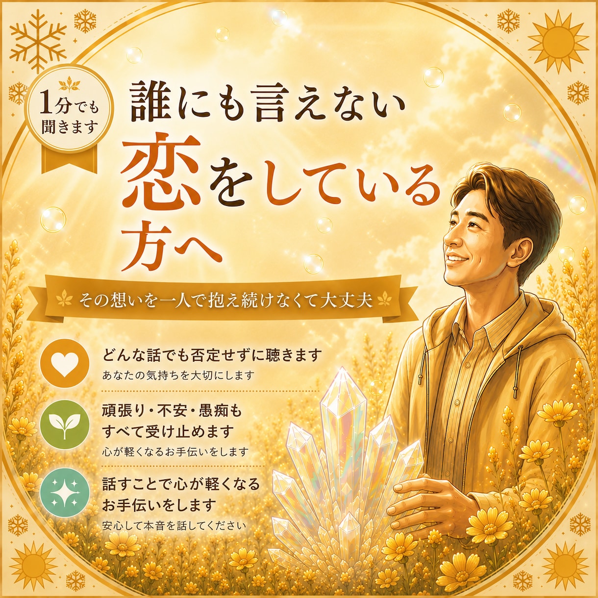 誰にも言えない恋をしている方の心を軽くします 1分からでも。その想いを一人で抱え続けなくて大丈夫 イメージ1