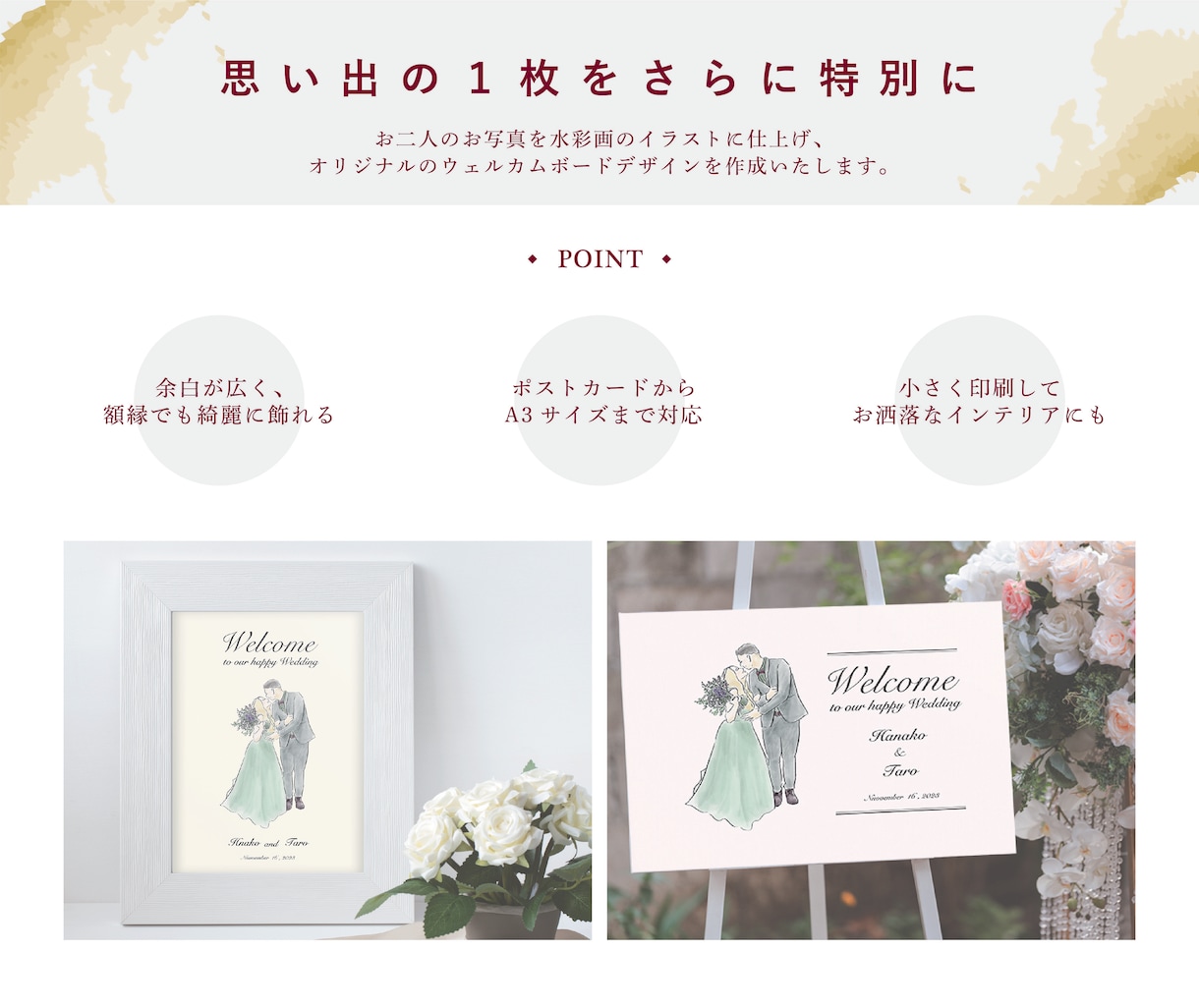 水彩画のお洒落なウェルカムボードデザインします 似顔絵イラスト＋デザイン、まるっとお任せください イメージ4