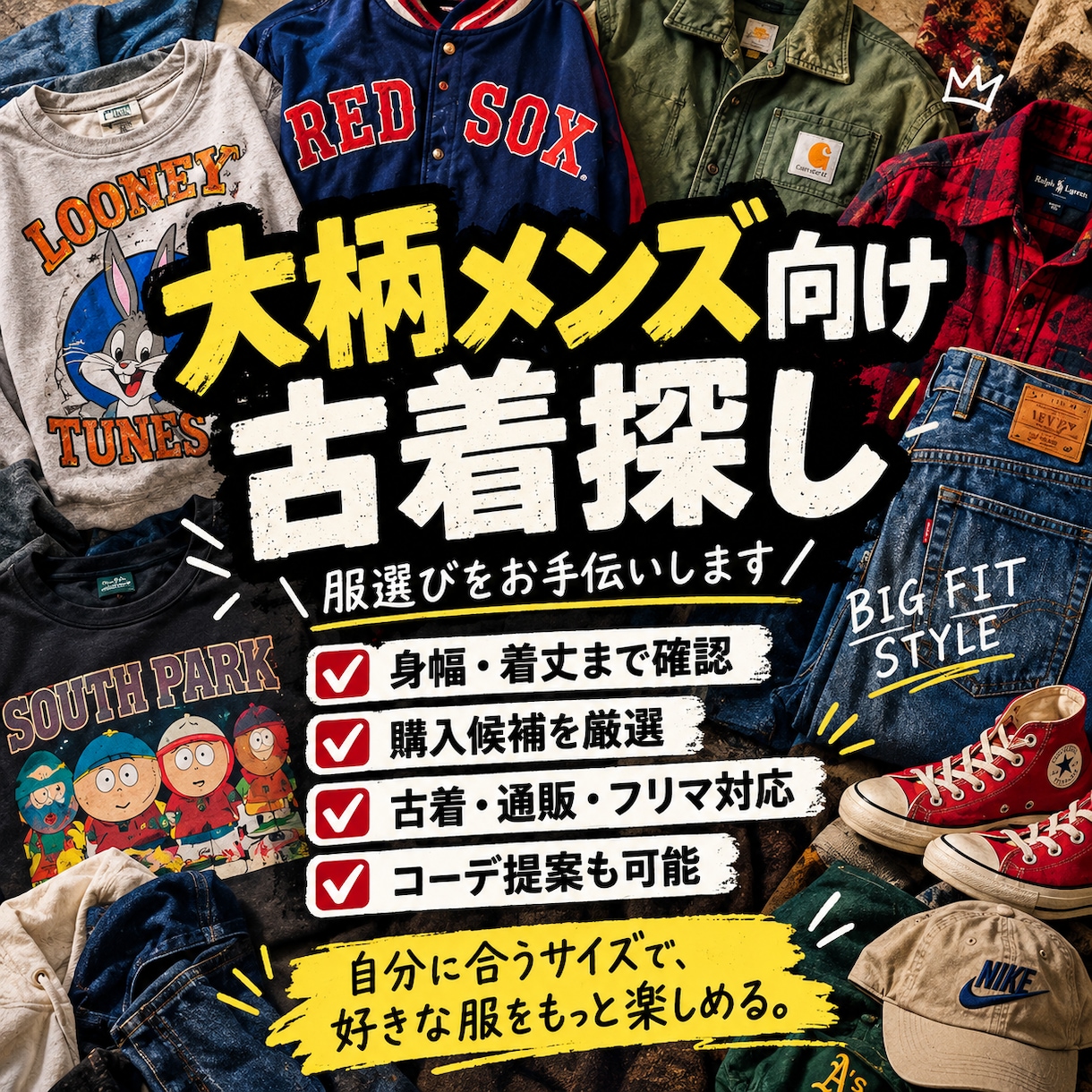 大柄メンズ向け｜体型・予算に合う古着を探します 身幅・着丈まで確認して購入候補を厳選します イメージ1