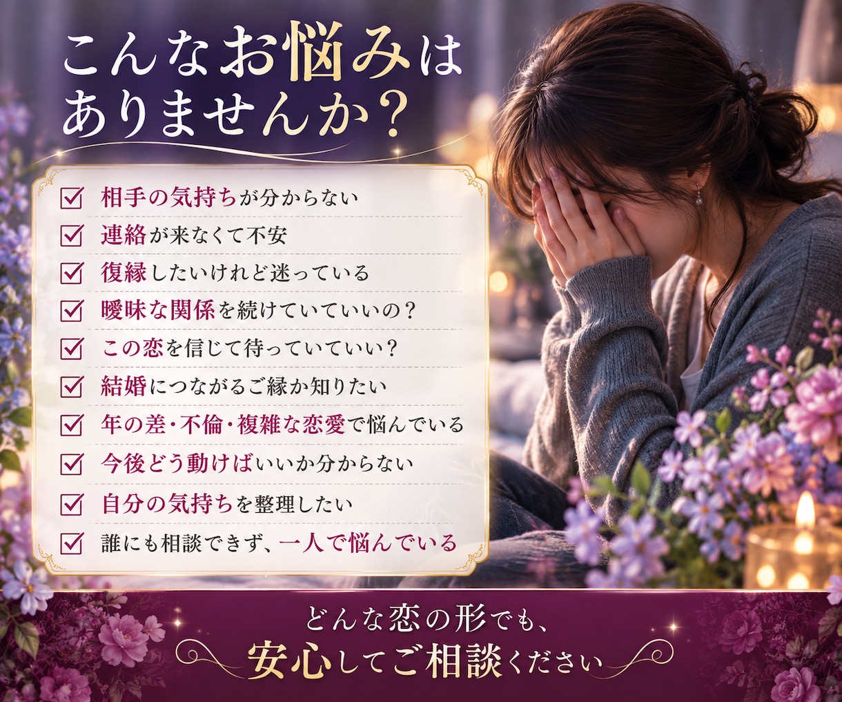 生年月日不要。二人の未来とお相手の気持ちを占います 鑑定歴47年、恋の行方とご縁を丁寧に読み解きます イメージ4