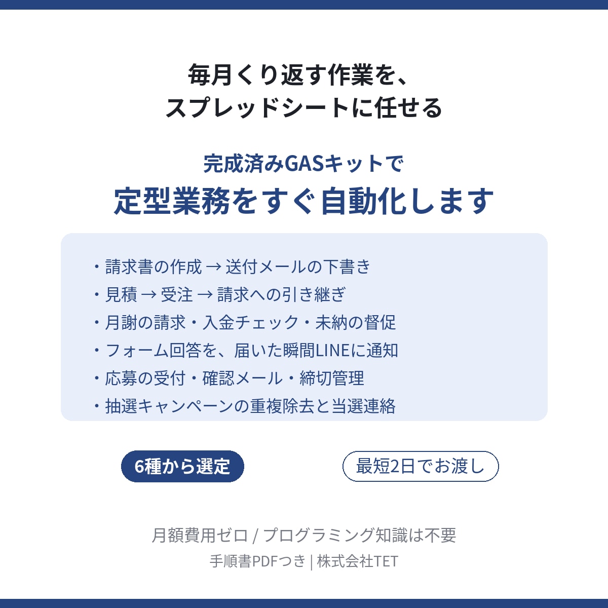 完成済みGASキットで定型業務をすぐ自動化します 6種の動作確認済みキットから選定、最短2日でお渡しします イメージ1