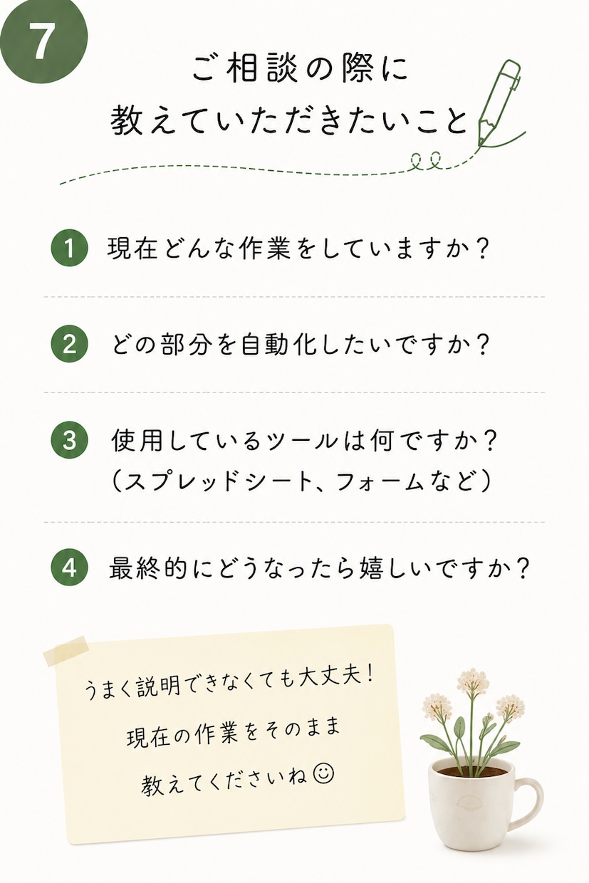 スプレッドシートの面倒な作業を自動化します 人がやらなくていい作業を、仕組みにします イメージ7