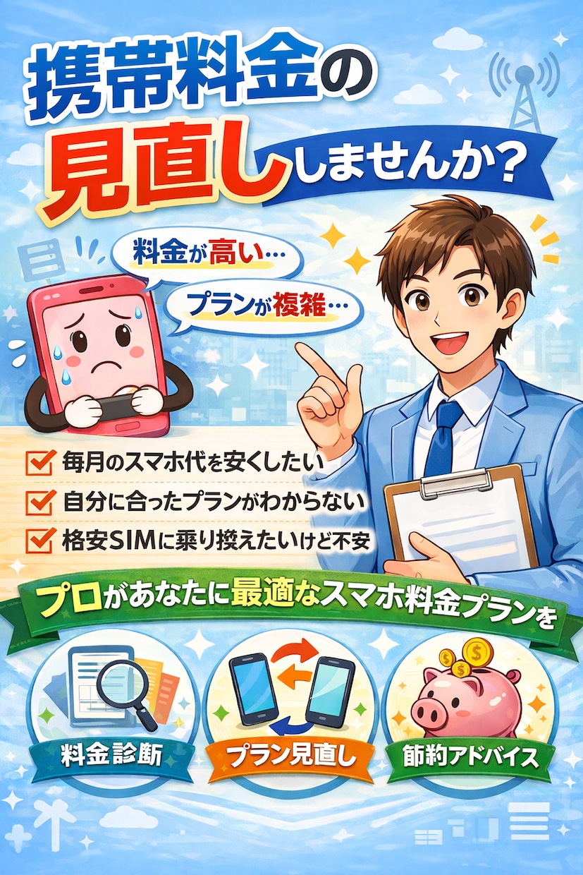 スマホ料金見直し、最短10分ですぐに減額できます なんとなく携帯やPCの契約してませんか？不要な契約見つけます イメージ2