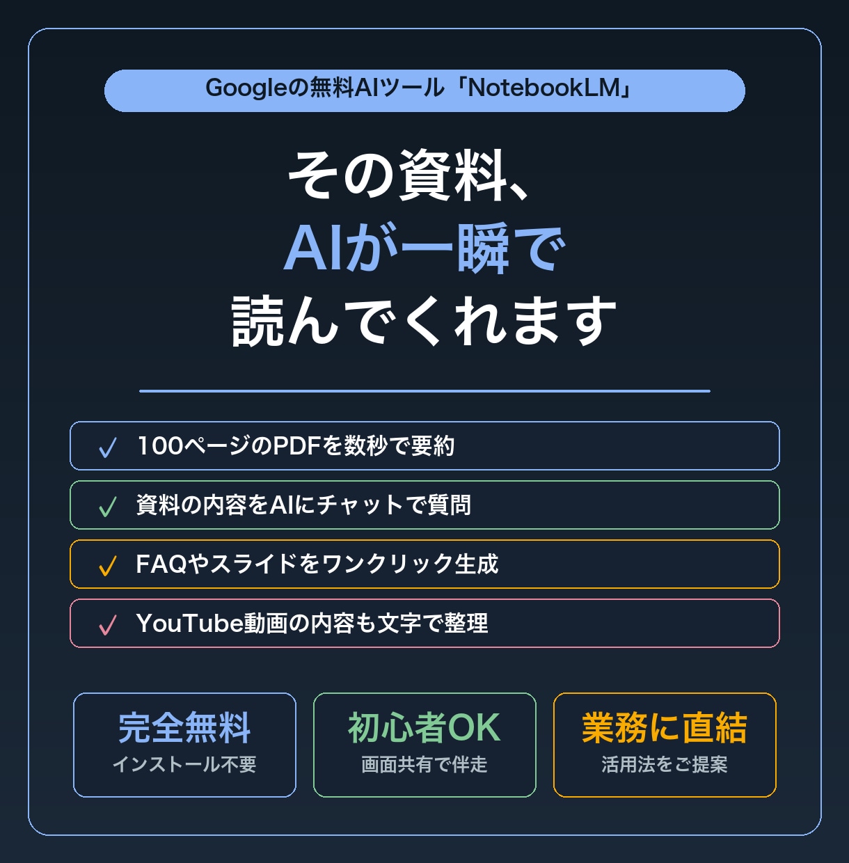 初心者向けにNotebookLMの活用法を教えます 現役AIコンサルタント／60分で活用法をレクチャーします イメージ1