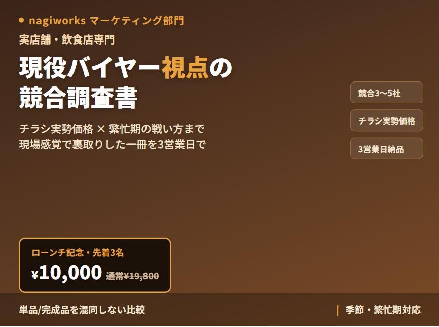 現役バイヤー視点｜実店舗の競合調査書を作成します 実店舗・飲食店専門｜先着3名10,000円 イメージ1