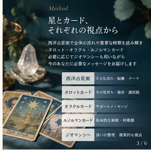 星とカードでこれから6ヶ月の流れをじっくり読みます 仕事・恋愛・人間関係。半年先を見渡して自分で選ぶための羅針盤 イメージ3