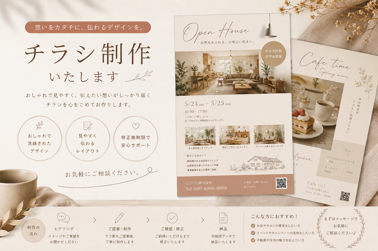 お洒落で、今っぽいチラシデザイン作成します “女性目線でやさしく伝えるデザイン” イメージ1
