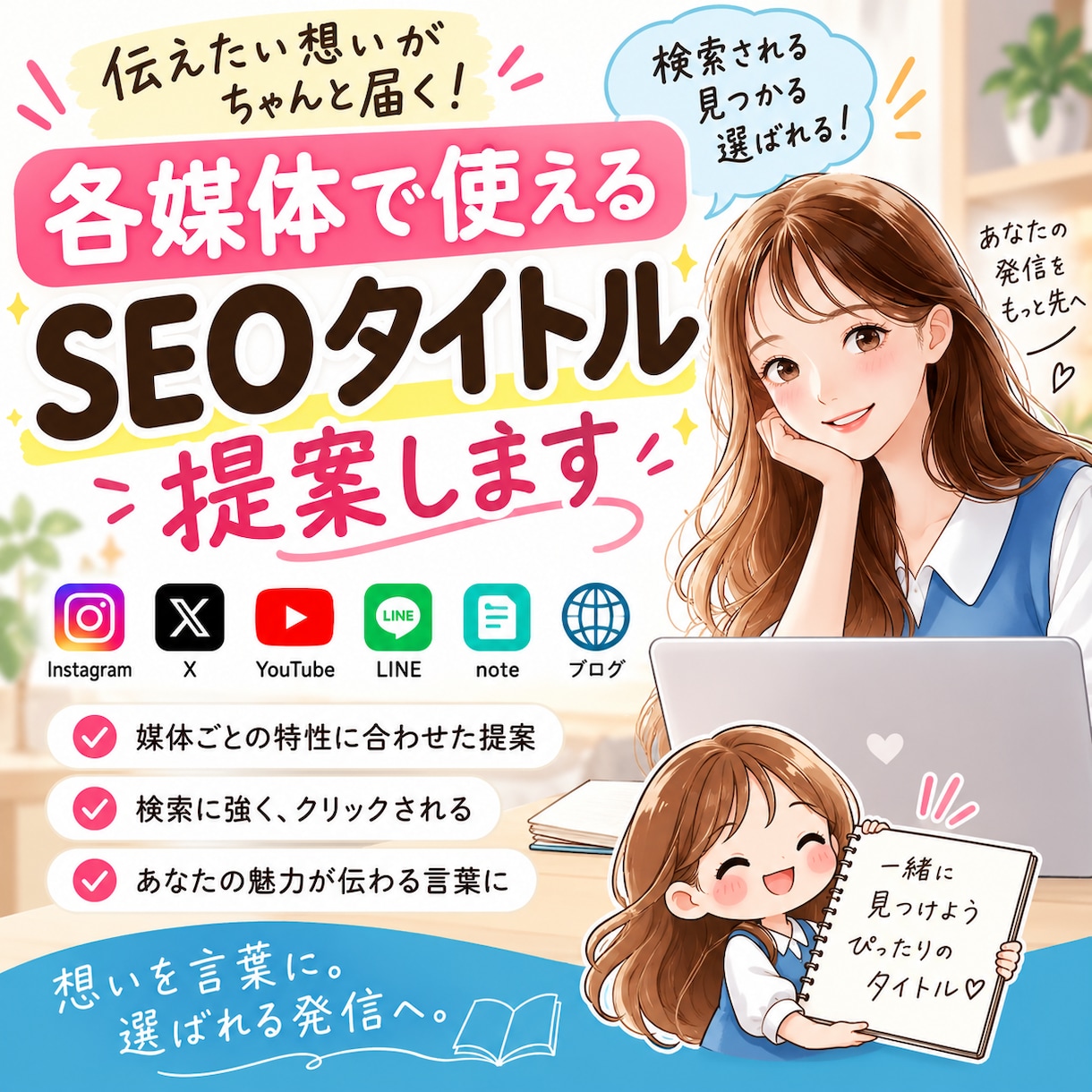 各媒体で使えるSEOタイトル、提案します "なんか気になる"を生み出すタイトル案を複数パターンでお届け イメージ1