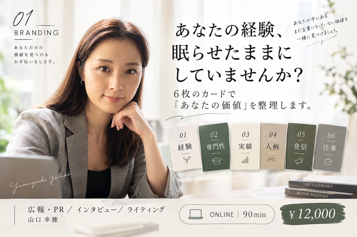 あなたの「強み」を見つけて、発信の軸をつくります 「何を発信すればいい？」を6枚のカードで整理します。 イメージ1
