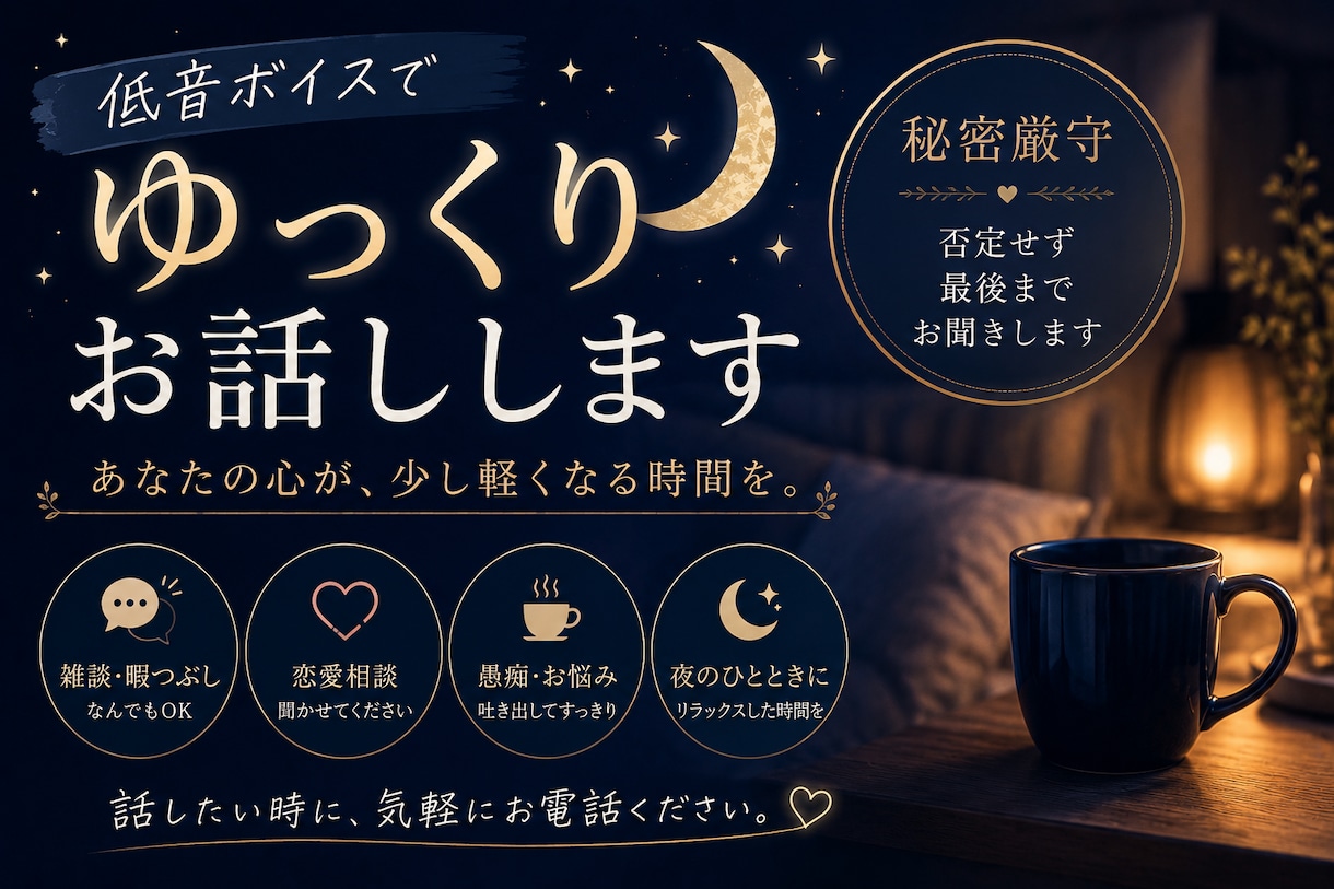 誰かと話したい時に、まったりお話聞きます 落ち着く低音ボイスで、あなたに寄り添います イメージ1