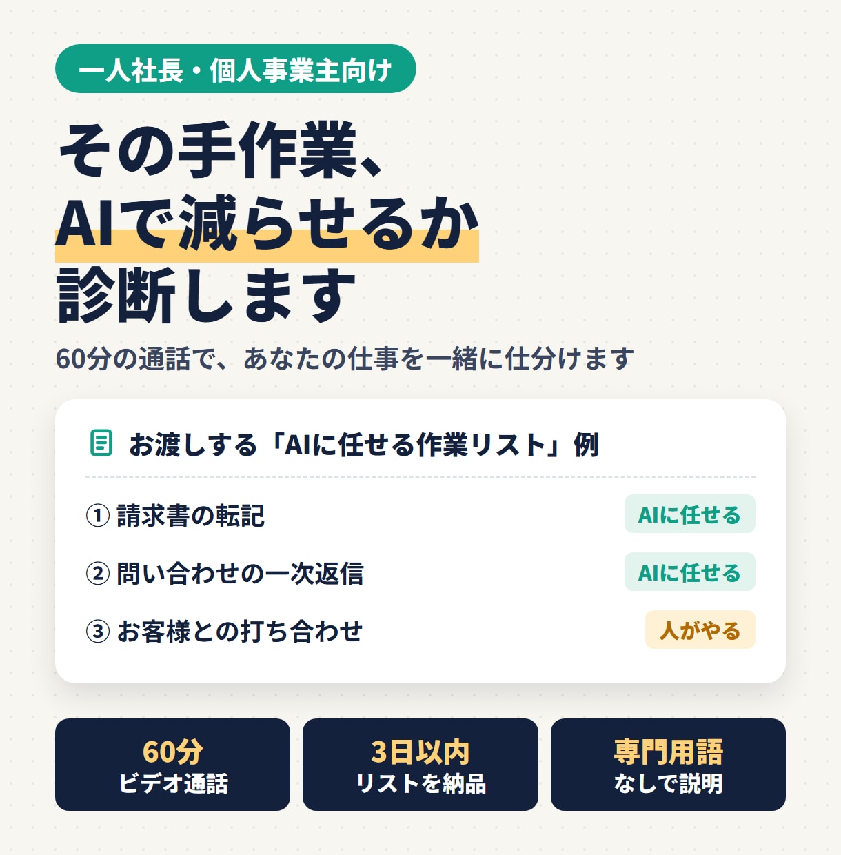 一人社長の業務、AIで自動化できるか診断します 仕事の流れを聞いて、減らせる時間と作業をお伝えします イメージ2
