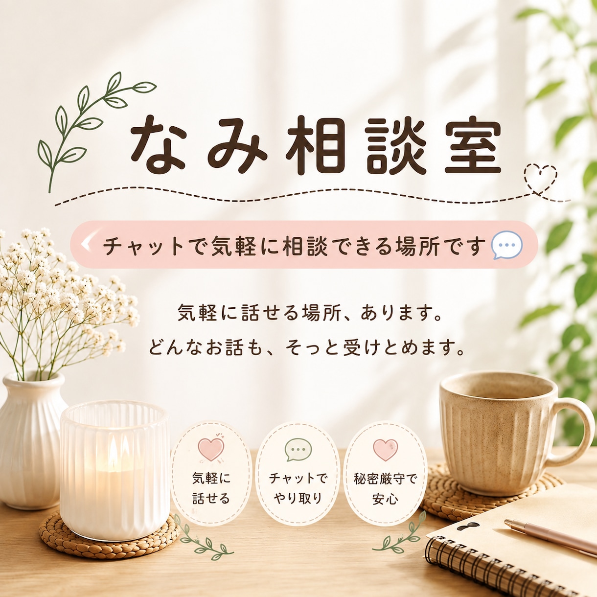 まとまっていなくても大丈夫。ゆっくりお聞きします 雑談からお悩みまで、あなたのペースでお話しください。 イメージ1