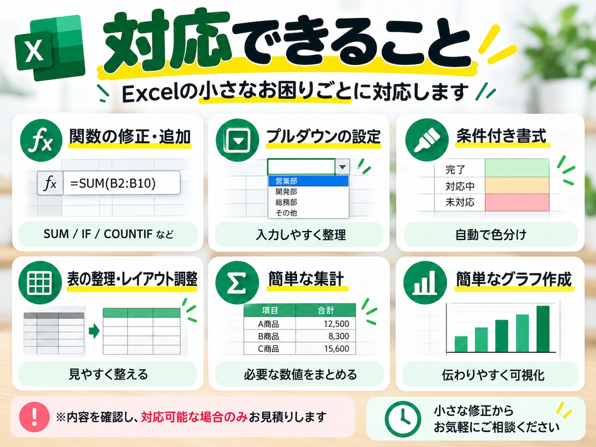 Excelのちょっとした修正・作業を代行します 関数・プルダウン・色分けなど、Excelの小さな修正に対応 イメージ2