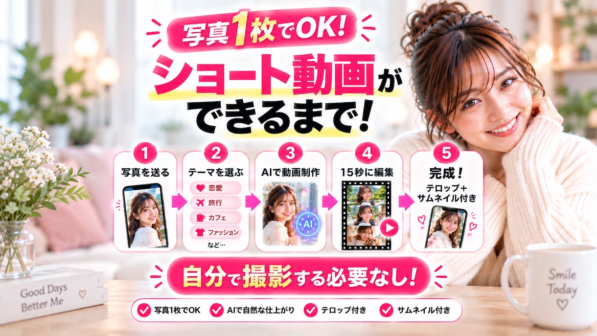 写真1枚から恋活・婚活用AIショート動画を作ります 顔写真1枚でOK！恋活・婚活SNS用の15秒動画を制作 イメージ2