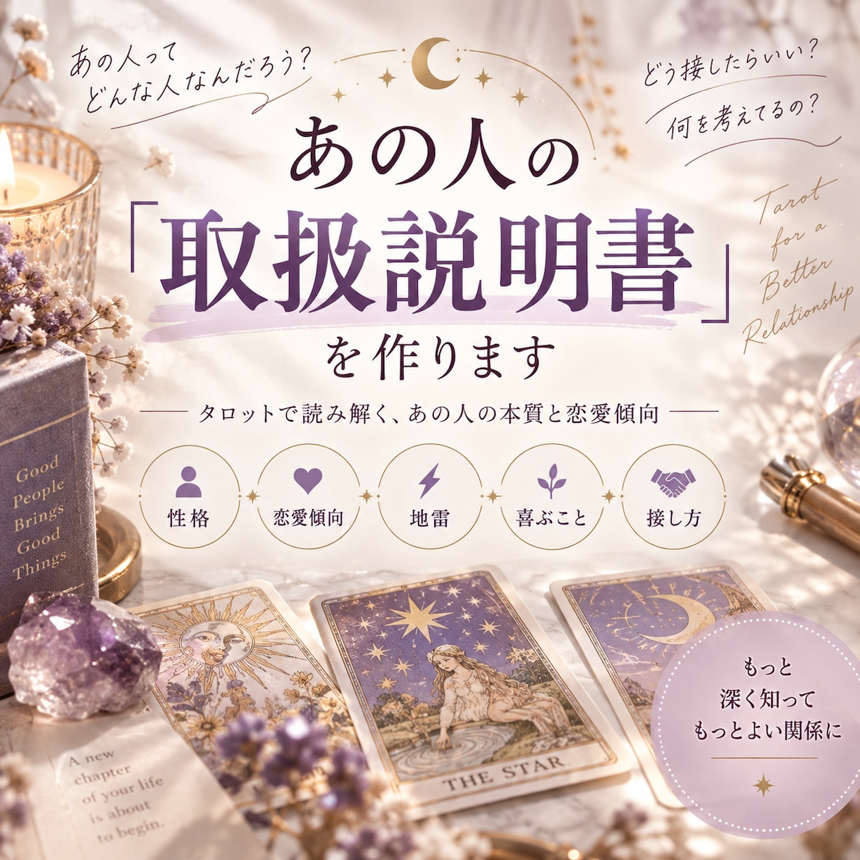 あの人の恋愛取扱説明書を作ります あの人の性格・恋愛傾向・心を掴む接し方までタロット鑑定 イメージ1