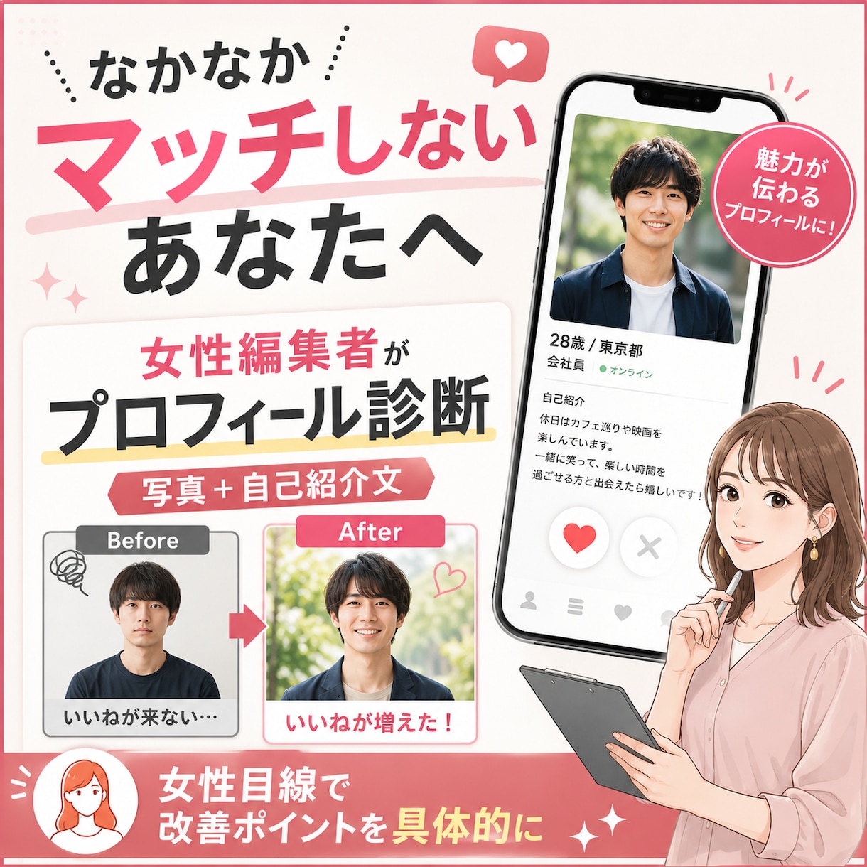 女性編集者がマッチングアプリのプロフを添削します マッチ率が低い原因を、プロフ文・写真・女性目線で具体的に診断 イメージ1