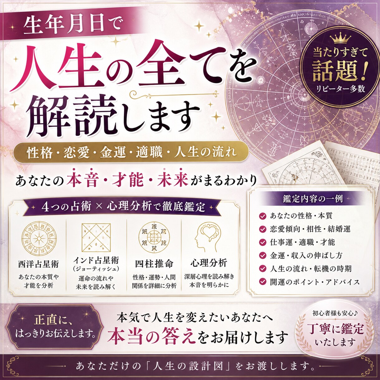 生年月日であなたの人生・恋愛・金運を完全解析します 成功するか失敗するか、全部わかります｜人生の分岐点を暴露 イメージ1