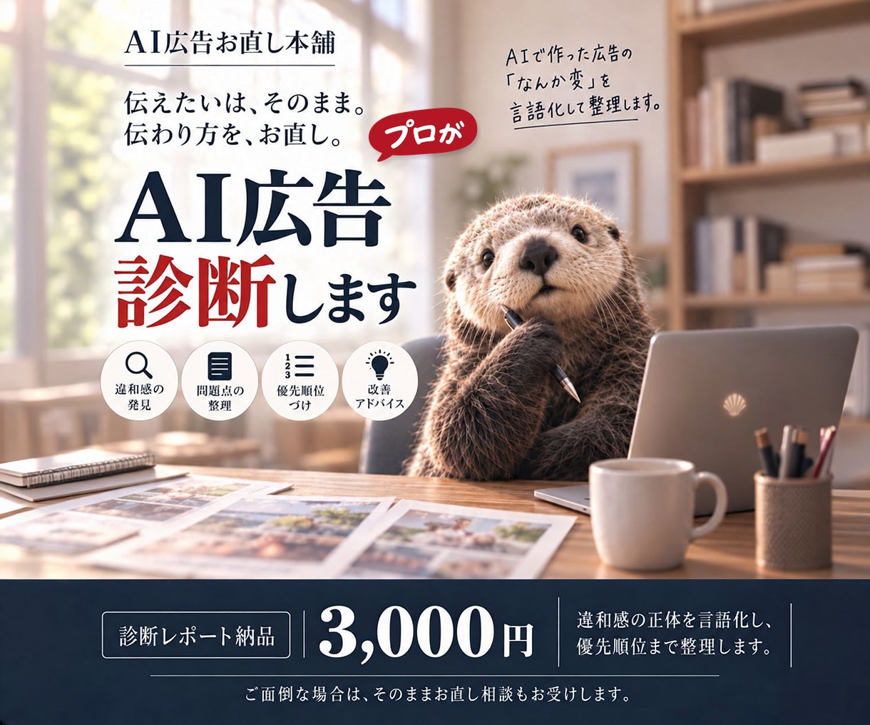 AIで作った広告の「なんか変かも？」を診断します 直す前に、まず原因を。しっくりこない理由を、言葉にします。 イメージ1