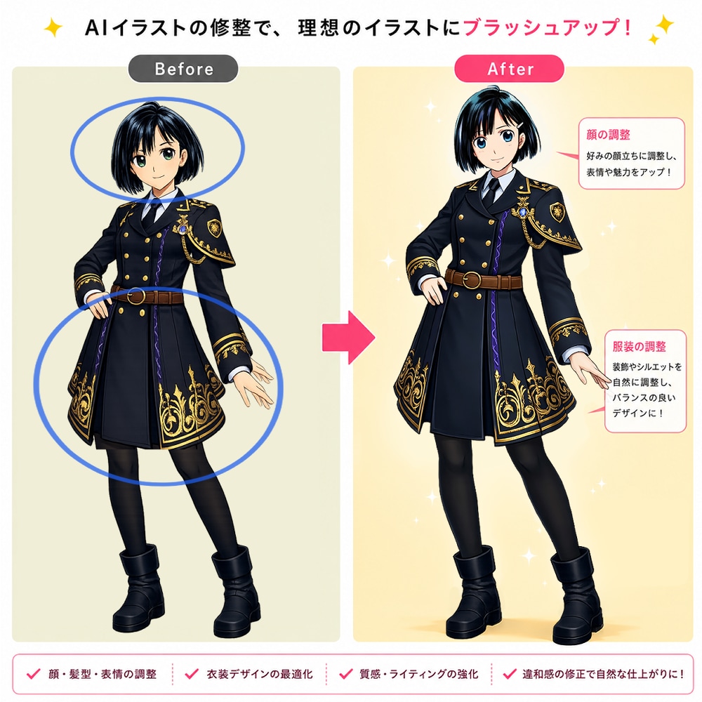 AIイラスト・既存イラストを加筆修正し整えます AIでは足りない“あと少し”を整えて、自然な仕上がりに イメージ3