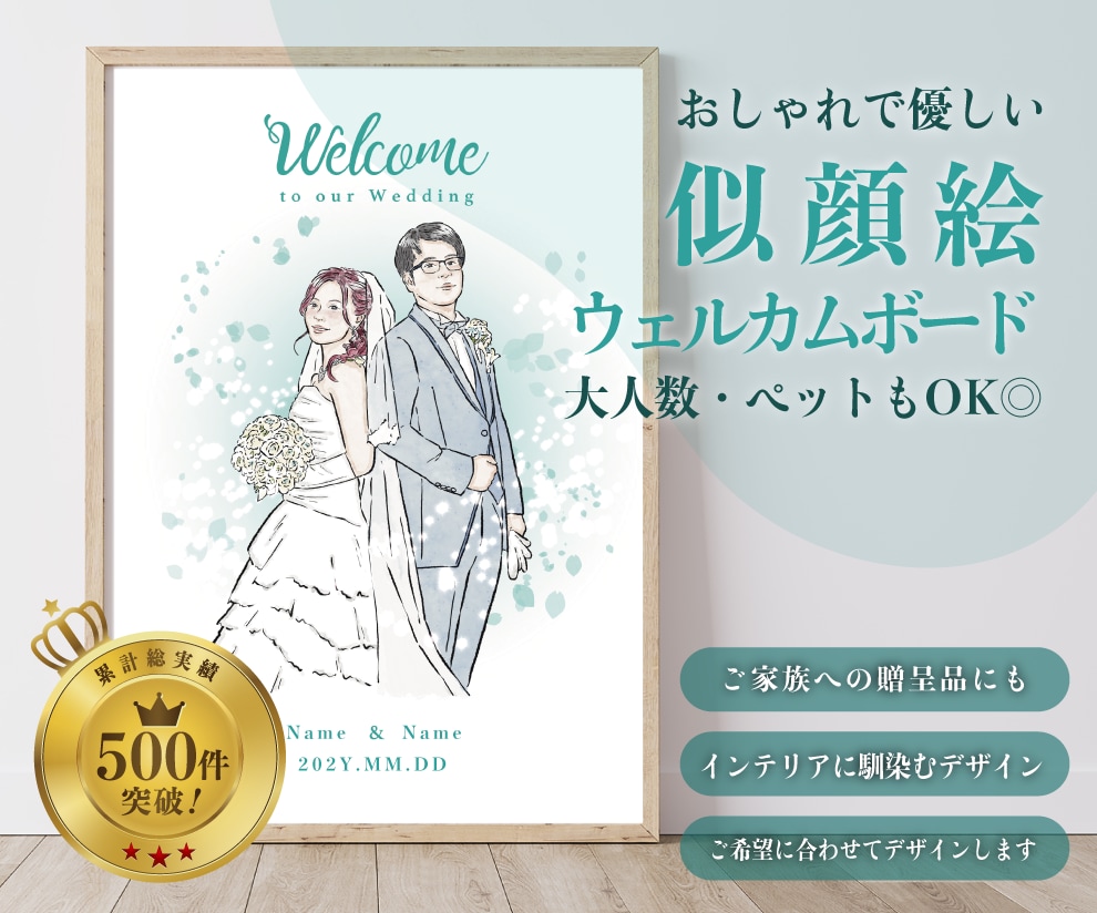 おしゃれで優しい♡似顔絵ウェルカムボード制作します 背景・文字入れ