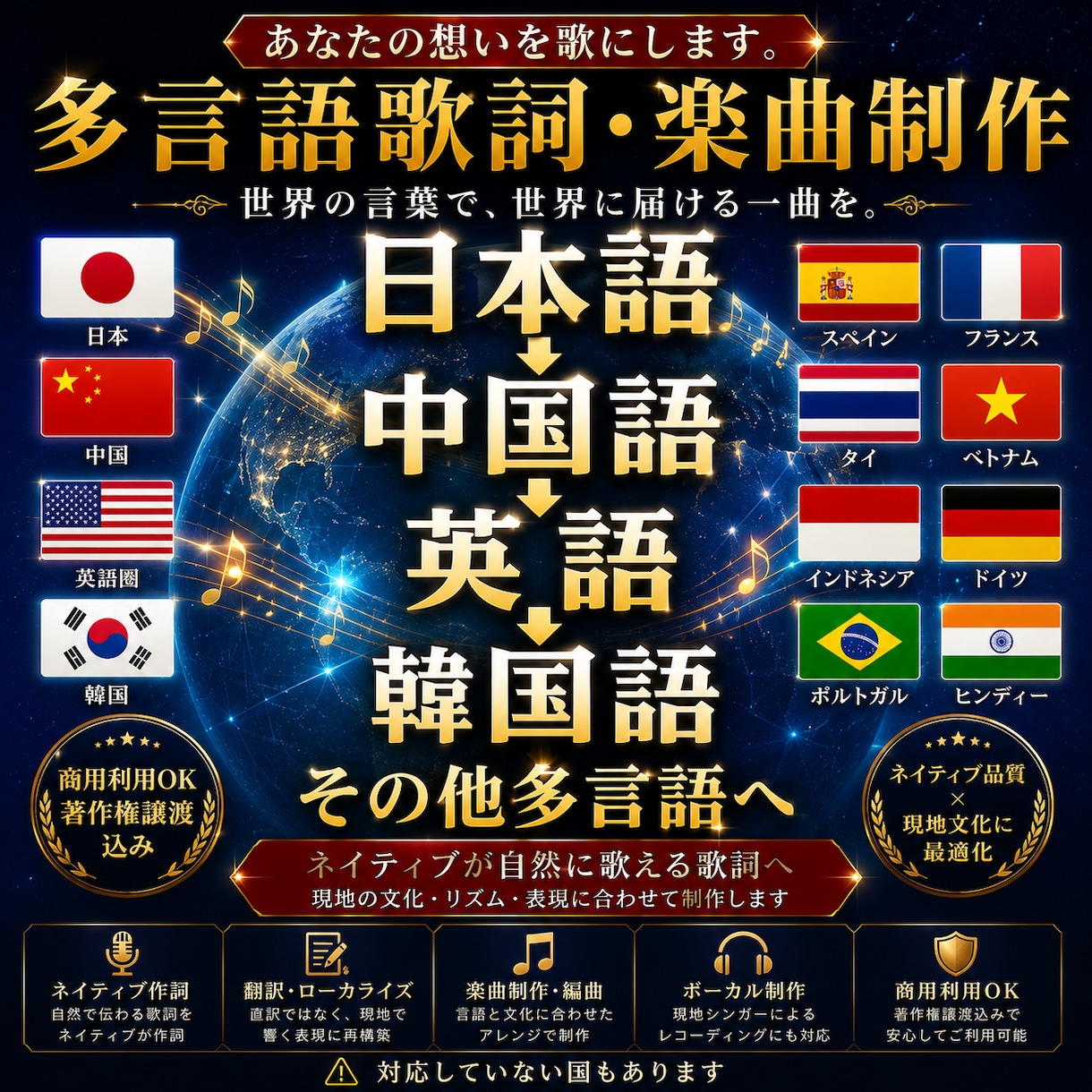 オリジナル曲、英語、中国語、多国語で制作致します 英語、韓国、中国語 etc ネイティブ　世界発信する音の制作 イメージ1
