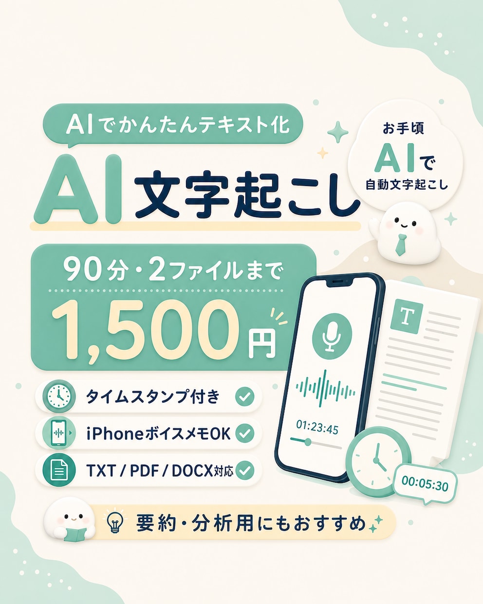 90分1500円　音声・動画をAIで文字起こします タイムスタンプ付き｜要約・分析用にもおすすめ イメージ1