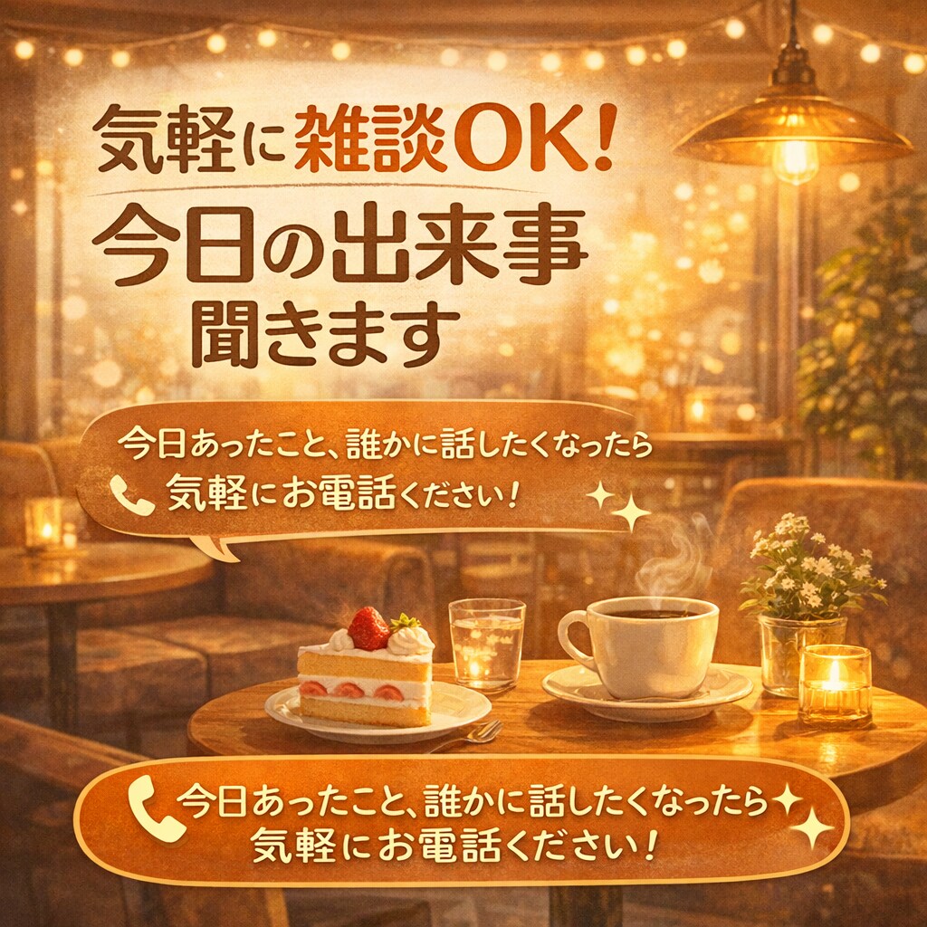 気軽に雑談OK！今日の出来事聞きます 今日あったこと、誰かに話したくなったら気軽にお電話ください！ イメージ1