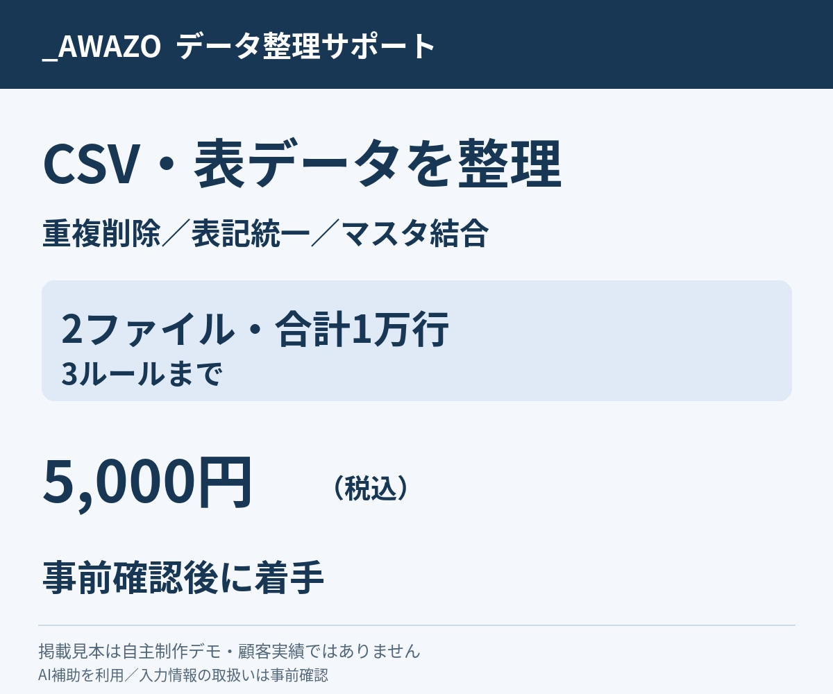 CSVの重複と表記を整え集計用にまとめます 2ファイル1万行・合意した3ルールで検査付き納品 イメージ1