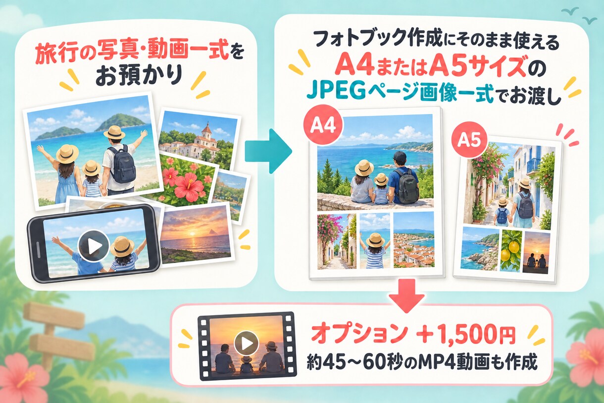 思い出の旅行写真をフォトブック用にまとめます そのままフォトブック作成に使えるJPEGページ画像でお渡し イメージ3