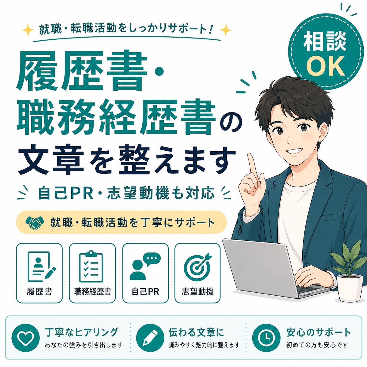 履歴書・職務経歴書の文章を整えます 自己PR・志望動機を読みやすく作成します イメージ1