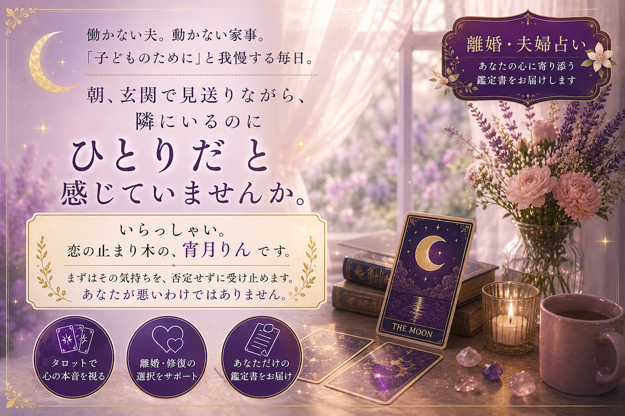離婚・夫婦占い｜離れるか我慢か 鑑定します 隣にいるのに、ひとり。その気持ち、ここに置いていってください イメージ2