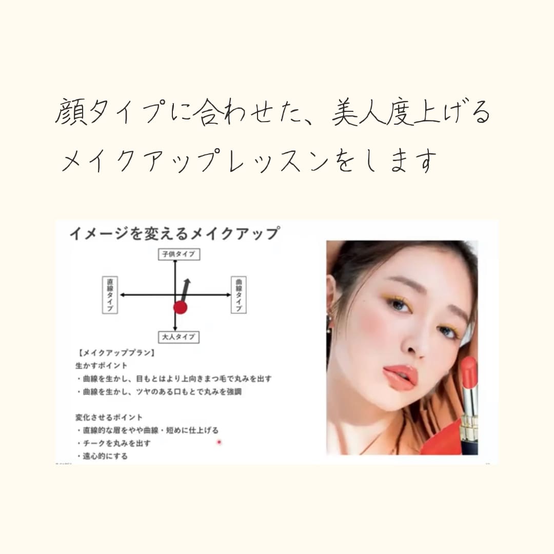 顔タイプ診断&美人メイクアップレッスンします 資生堂ゴールデンバランスに基づく美人バランスメイクが身に付く イメージ5