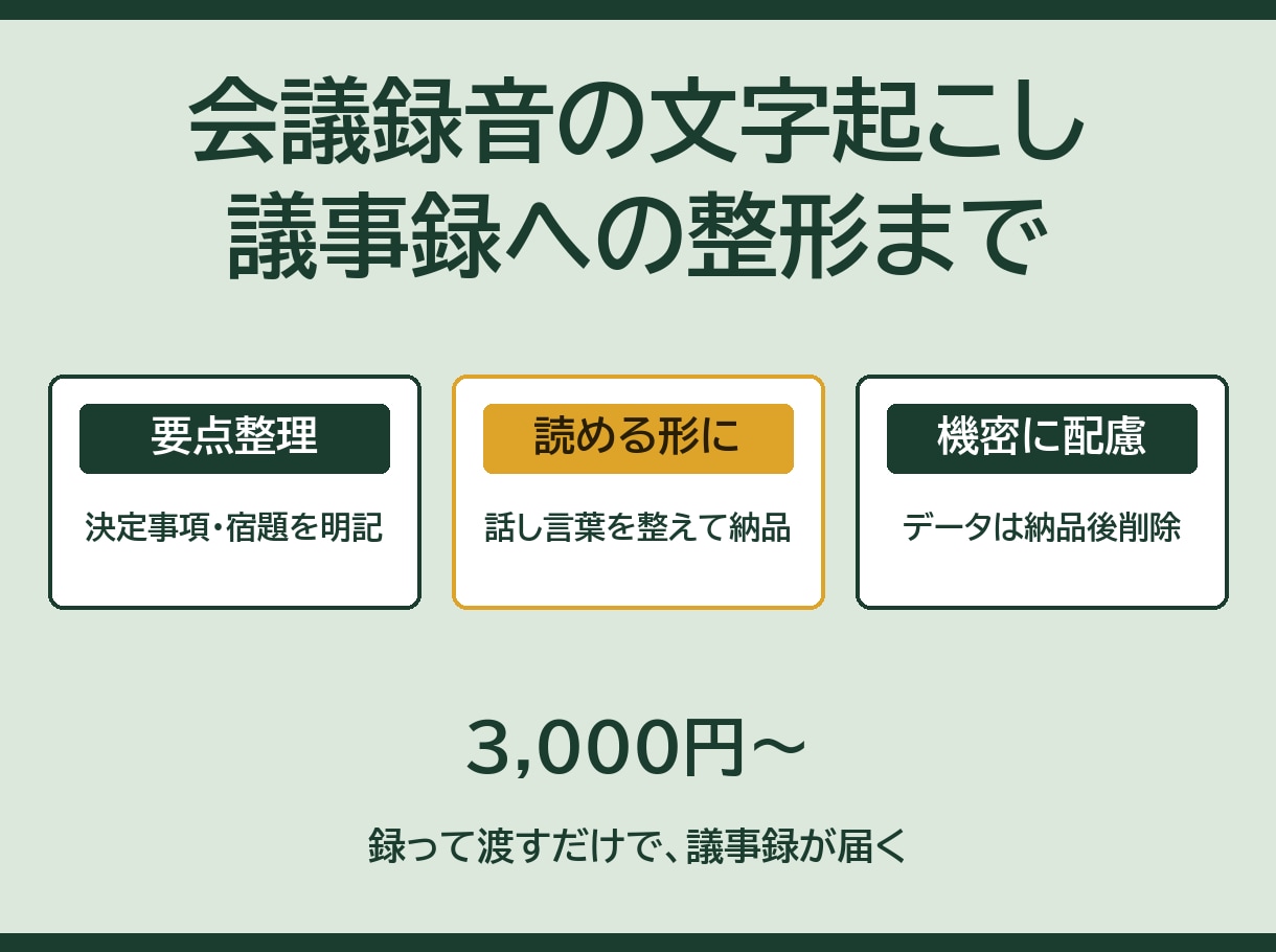 会議録音を文字起こしして議事録に仕上げます 録音ファイルを渡すだけ・要点整理つき イメージ1