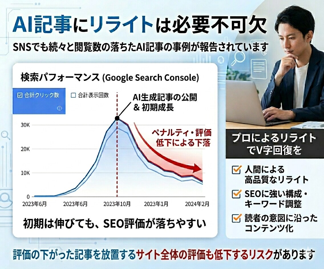 AI記事を勝てる記事へ！SEO改善リライトします 月間25万PV※1・上位表示500件以上※2のライターが担当 イメージ6