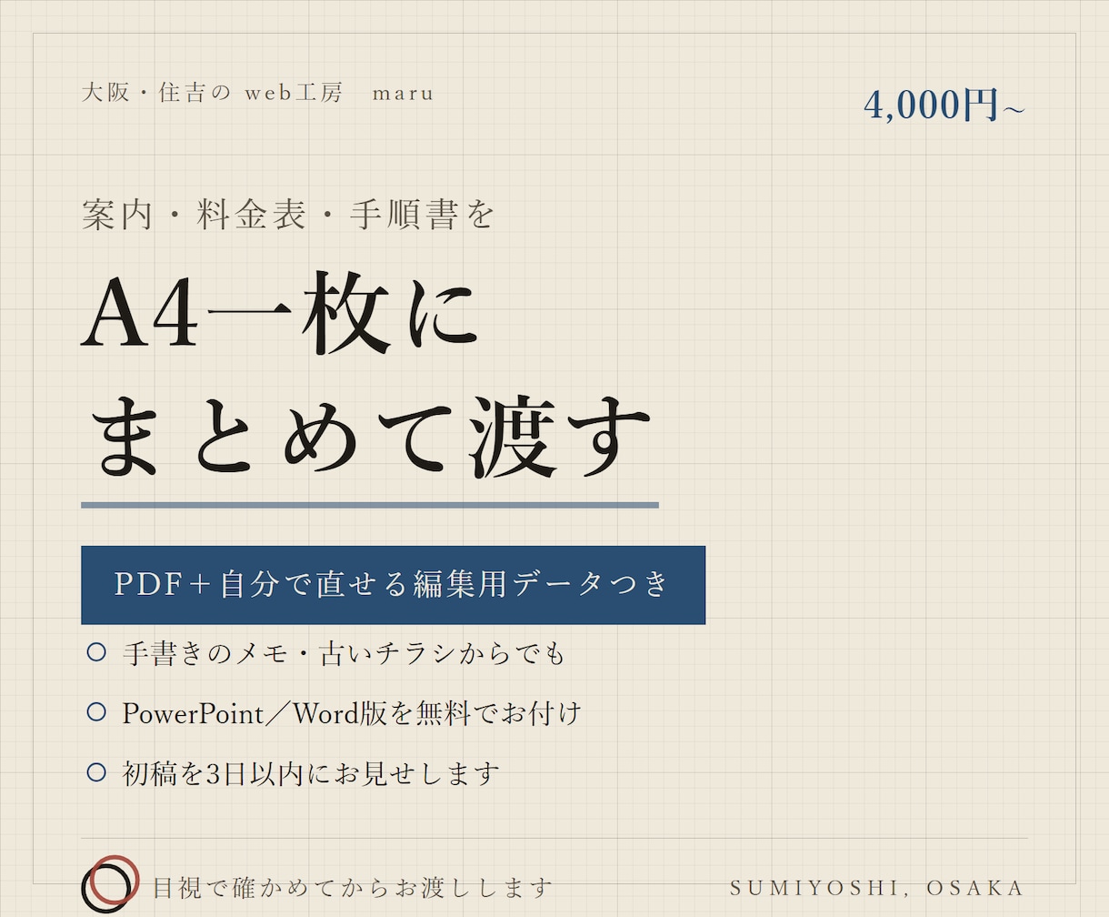 A4一枚の案内・料金表・手順書を作ります 渡すだけで伝わる一枚を、PDFと編集用データでお届け イメージ1