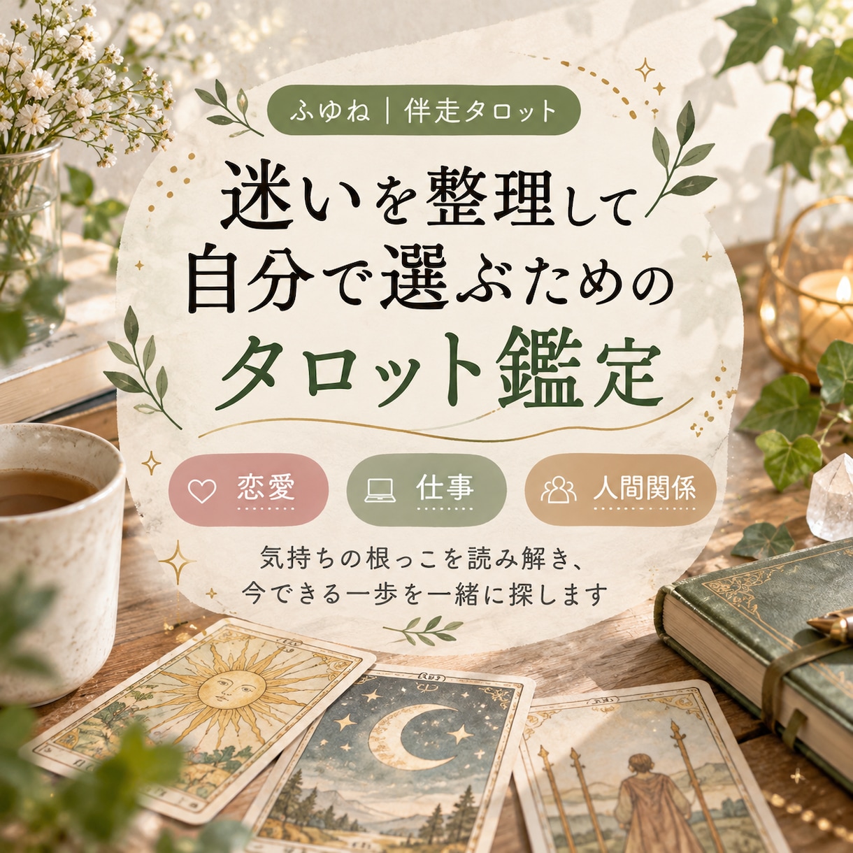 恋愛・仕事・人間関係の迷いをタロットで整理します 迷いの根っこを整理し、次の一歩を一緒に探します イメージ1