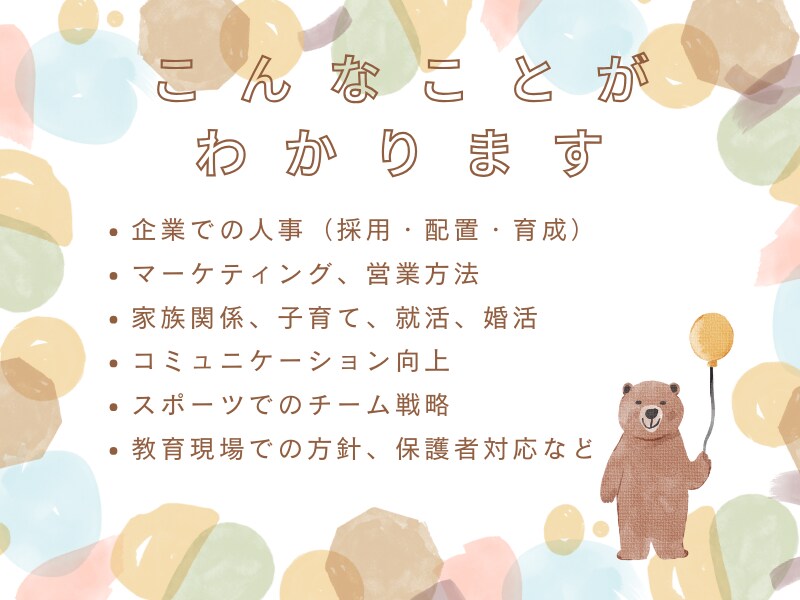 あなたの基本的な考え方と行動パターンがわかります 個性学３分類から、あなた特徴と幸せのカタチをお伝えします。 イメージ3