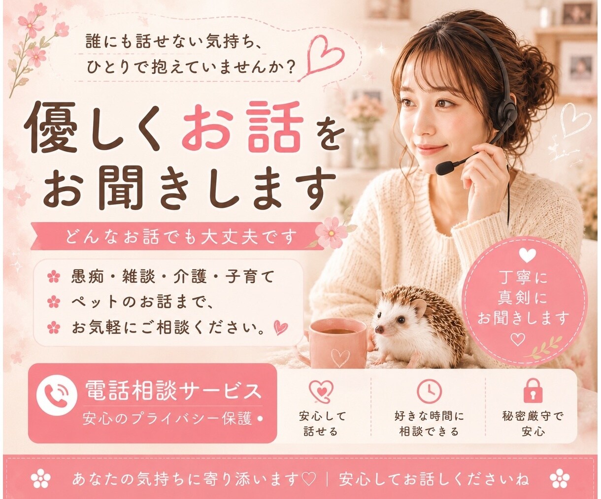 現役ケアマネが優しくあなたのお話をお聞きします 愚痴・雑談・介護・子育て・ペットのお話まで、お気軽どうぞ♡ イメージ1