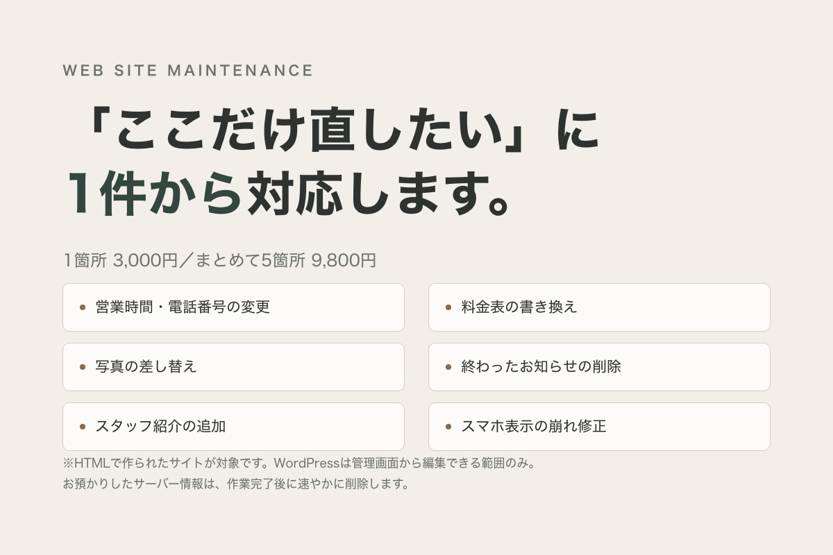 サイトの文章・画像の差し替えをします 「ここだけ直したい」に1件から対応します イメージ1