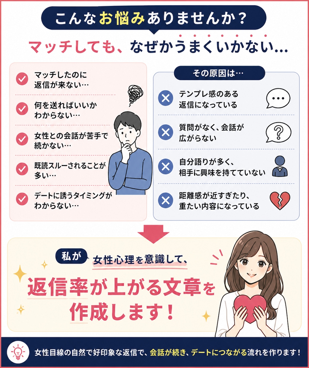 マッチングアプリの返信を女性目線で作成します 返信率UP！会話が続かない・デートに繋がらないを解決します イメージ2