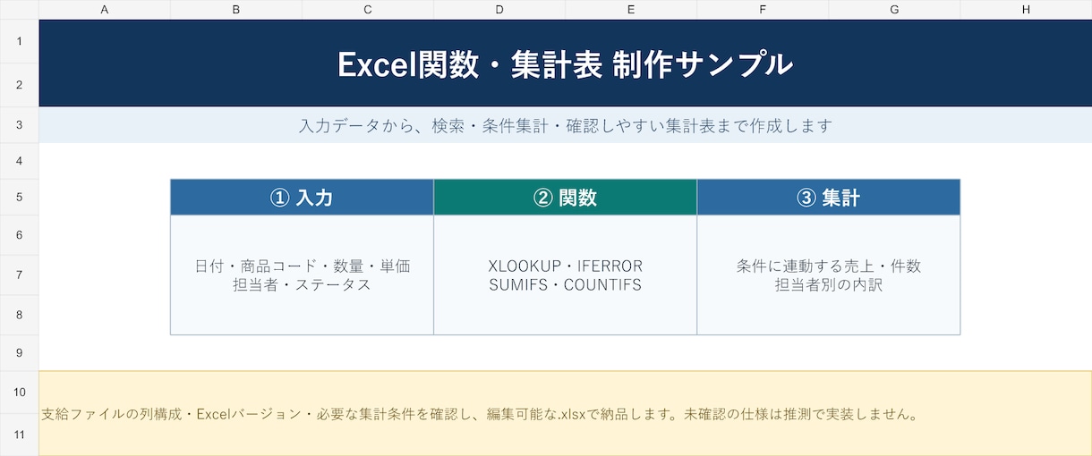 Excel関数と条件別集計表を作成します 検索・条件集計・入力規則を更新できる表へ イメージ1